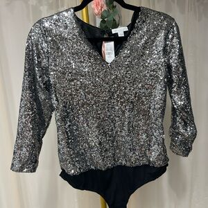 New York & Company Silver Sequin Bodysuit